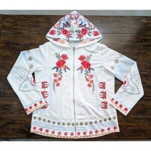 Adore Embroidered Full-zip Hoodie Large White Floral Flowers Boho Colorful